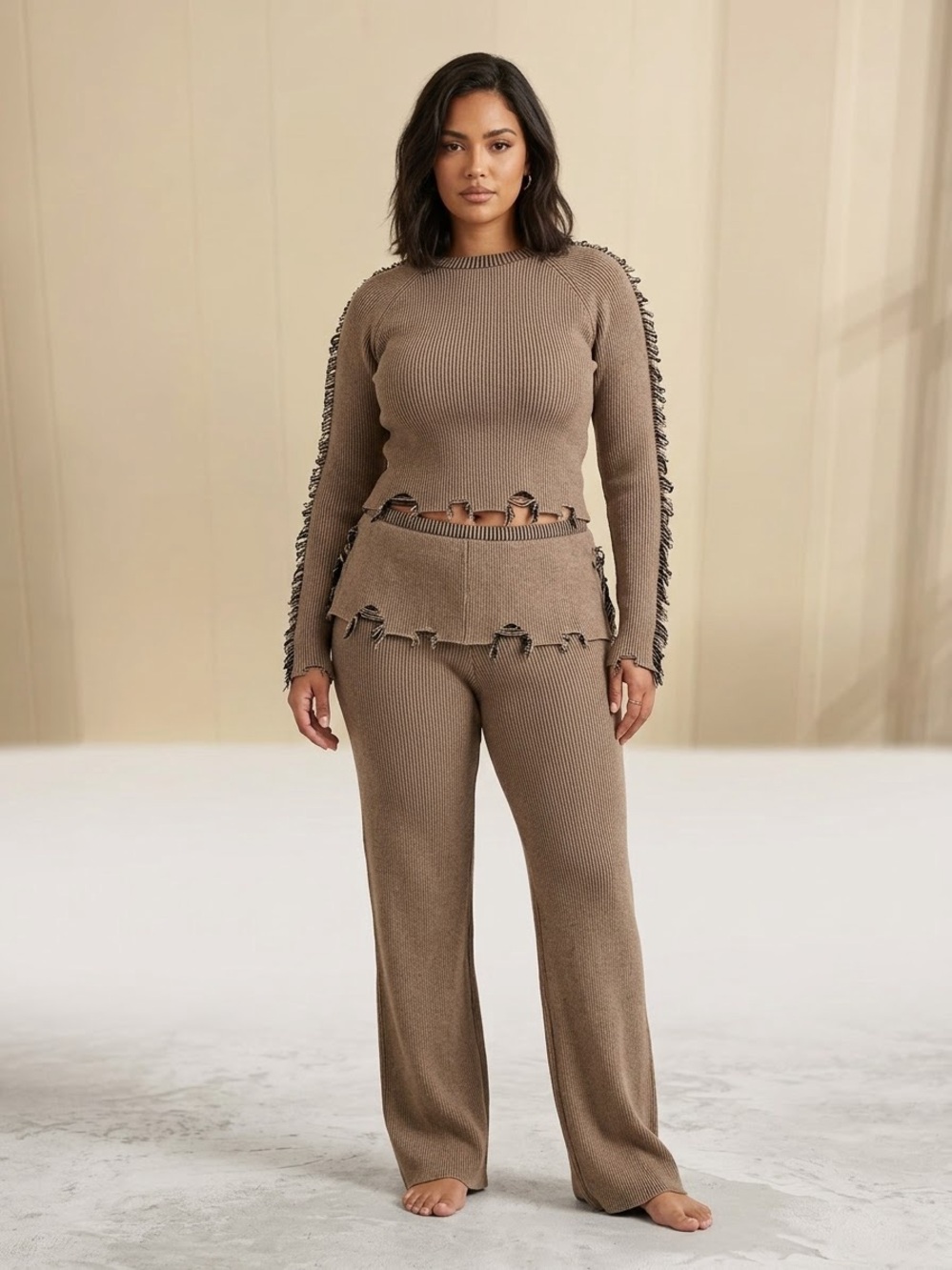 NWT Fashion Nova Raya Washed Distressed Knit Sweater Pant Set Brown Size Medium